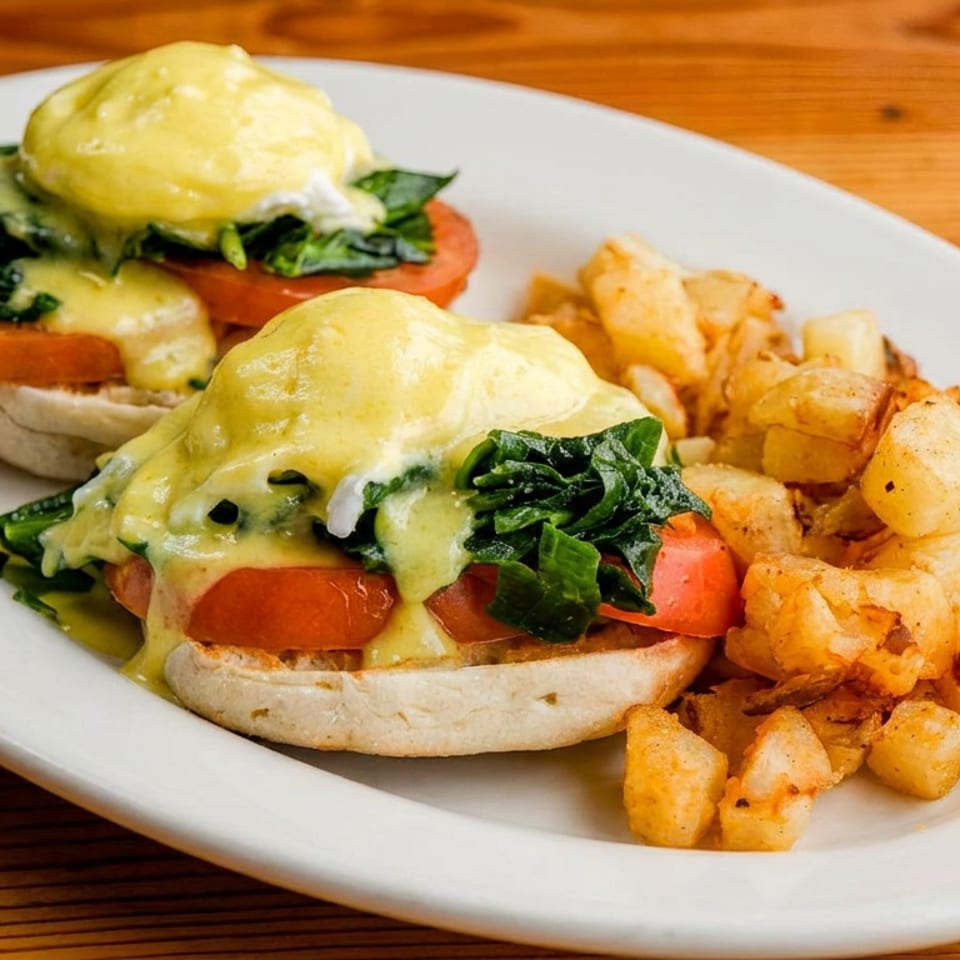 Eggs Benedict with spinach, tomatoes, and hollandaise sauce, served with crispy home fries.