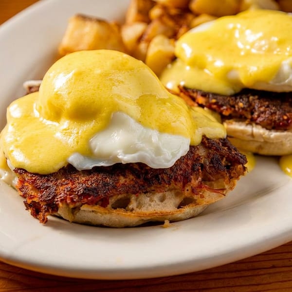 Two crab cake eggs Benedict with hollandaise sauce and a side of roasted potatoes on a white plate.