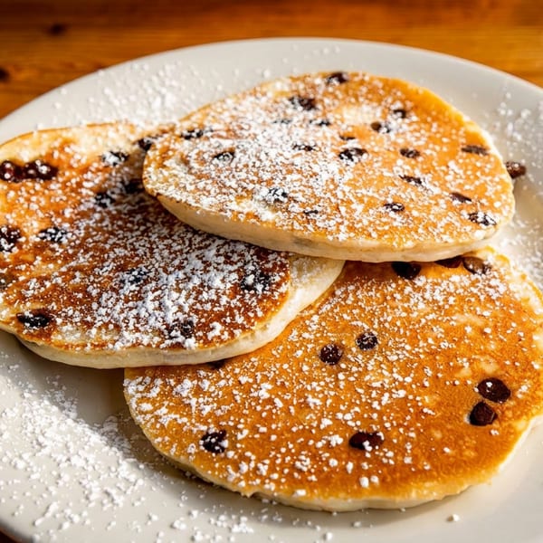 Three golden-brown chocolate chip pancakes dusted with powdered sugar on a white plate.