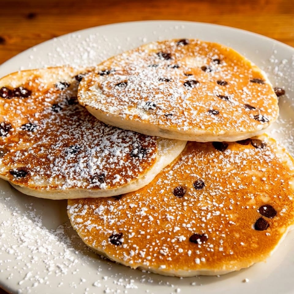 Three golden-brown chocolate chip pancakes dusted with powdered sugar on a white plate.