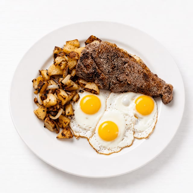 Steak Tips and 3 Eggs.